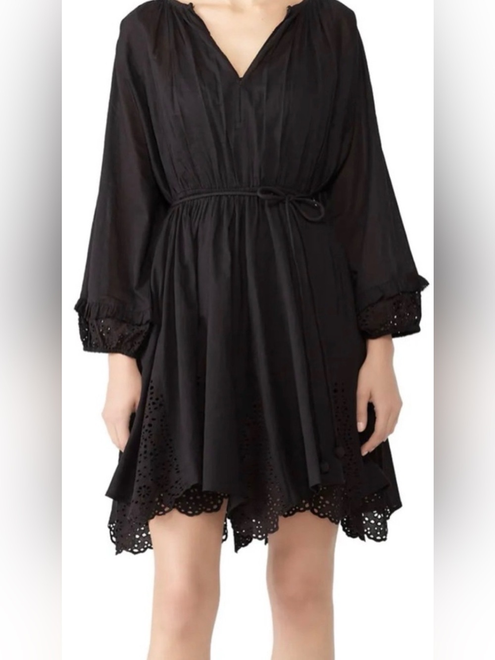 APIECE APART vereda eyelet mini dress black made in India long sleeve size 12